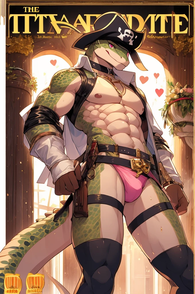 Highest quality、Sexy  Lizardman, Skimpy micro underwear、Lizard head、Pink eyes without highlights、Sweat、Embarrassing、Gay、Gold and silver treasure background、cute、Leather Handbags、Knee-high socks、Choker of Hearts、White Breath、Licking lips、Drooling、Obscene language、Obscene pose、Sexy Dance、Pink steam、、strip、holster、Angle looking up from below、A man wearing ribbon panties、Magazine cover style illustration、Pirates Hat、Gunman、bed、Holding a condom、Pulling off panties