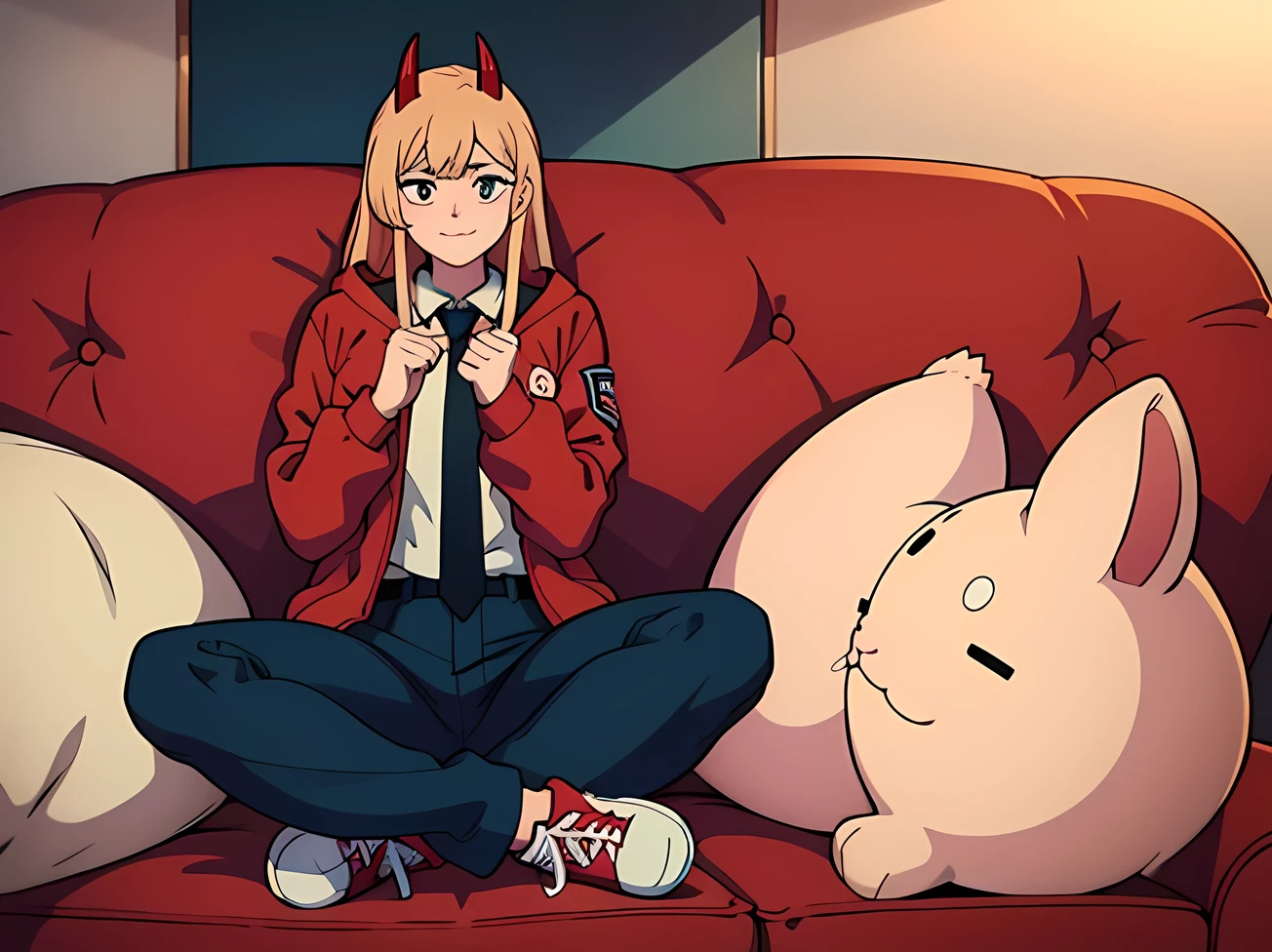 power_csm, tucked-up pants, shirt unbuttoned, sitting happy, holding meat with both hands, sneakers, symbol-shaped pupils, red horns, jacket closure, blue jacket, collared shirt, black necktie, black pants, rolled up pants, blonde hair, long hair