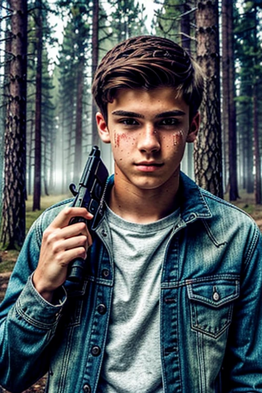 Create a book cover with a 19-year-old American boy, with a well-defined face, who is nervous and with torn clothes, holding a gun. The background needs to be a forest with mist