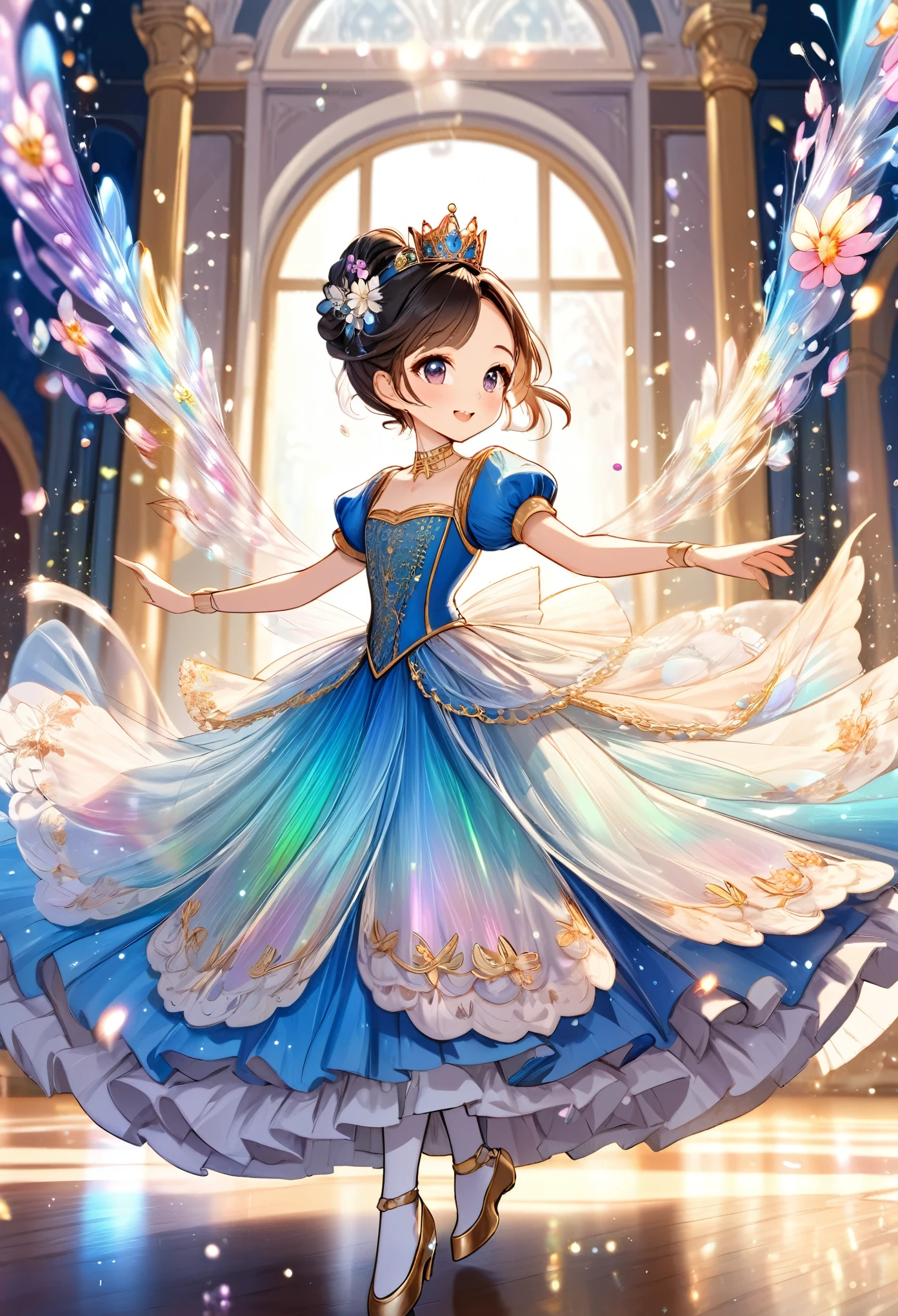 chibi, Aesop's Fables, Andersen's Fairy Tales, Grimm's Fairy Tales, The Nutcracker-like illustration style, best quality, super fine, 16k, incredibly absurdres, extremely detailed, 2.5D, delicate and dynamic, lovely and beautiful princess, updo hair, captivating look, superlative body proportion, wearing beautiful princess dress with plenty of transparent and translucent iridescent flowers, accessories, dancing, (action blur, motion blur, speed line: 0.5), wind, wind effect, glitter effect, background, royal palace ballroom
