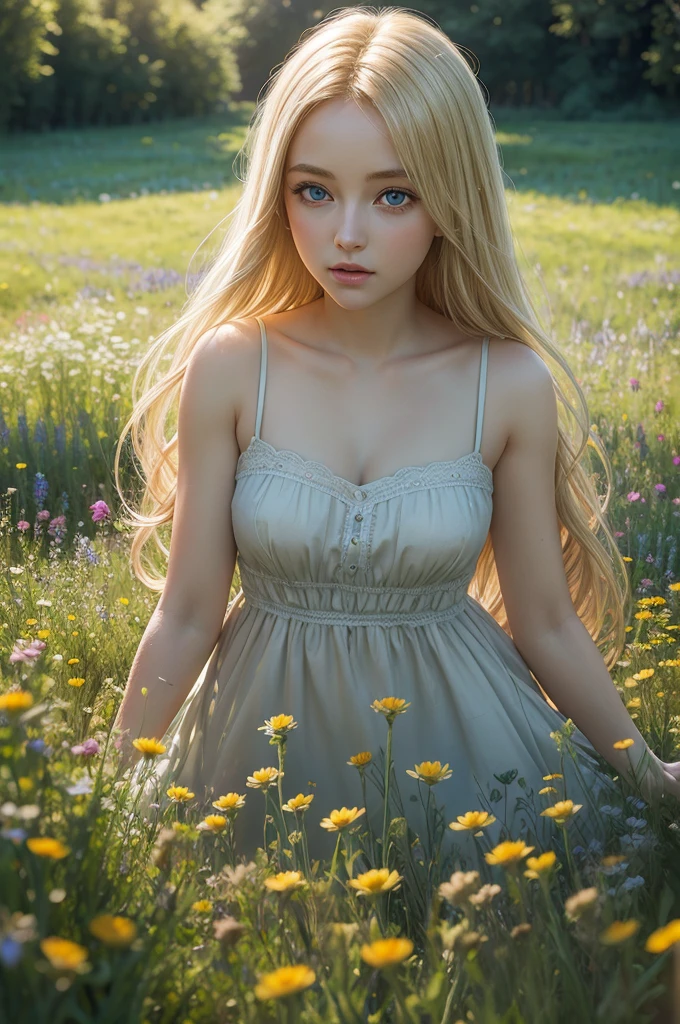 blonde, big eyes, meadow with flowers flooded with light, hyperrealism, detailing, high quality, A glade of flowers,