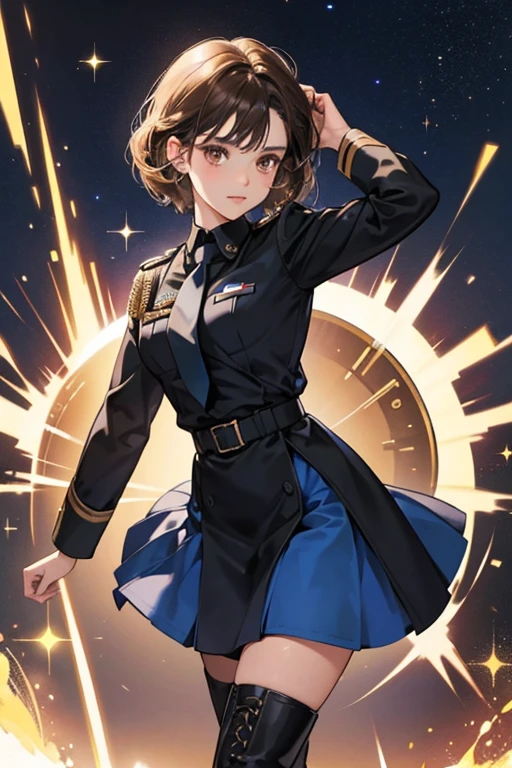 sHe has short brown hair and brown eyes, with a curl on the left side of her head, sHe wears a blue military uniform, a black shirt and tie, and black boots.  SPARKLE; GLITTER