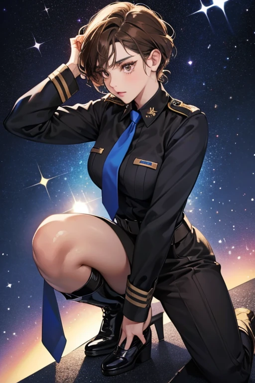 sHe has short brown hair and brown eyes, with a curl on the left side of her head, sHe wears a blue military uniform, a black shirt and tie, and black boots. SPARKLE; GLITTER