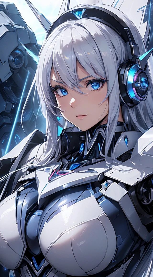 ((Extreme close up:1.6))、(((Lenses shining on both breasts:1.3)))、((Blue pillars of light radiate from both of his chests..:1.3))、break、(((Dynamic pose:1.8)))、smile、((8K)), ((32k)), ((Highest quality)), ((masterpiece)), ((超A high resolution)), ((Tmasterpiece)), ((Halation:1.4))、((Mechaニカルheadgear:1.2))、((Cyber headphones:1.3))Fine skin, High quality fabric, High-quality metal texture、((Beautiful and dense face))、RAW Photos、Professional, Ultra-fine painting, ((alone)), Beautiful breasts、Highest quality, Very detailed, Very detailed詳細, Finer details, so beautiful, ((Princess Knight Robot:1.2)), (Joint of the machine, Mechanical Limbs:1.3), (The internal structure of the machine is exposed:1.3), (Long silver hair:1.1), (Beautiful and huge mechanical breasts)、White Veil, cowboy_shot, Side Focus, headgear, Shiny、(Five Fingers, Four fingers and thumb),Concept Art, Anime fantasy artwork, Detailed fantasy art, (with pale blue-violet hair and large white wings,,,,,,,,), (((Long silver hair))), (Mecha:1.6)、Sleek and intimidating design, ((Commander-in-Chief'arm)), (Perfect robot body)、純白と青紫のarmまたは, Symmetrical wings, 8K High Resolution, Detailed Art, 3D rendering of character art in 8K, neat legs, Defined, Defined fingers,((headshot:1.3))