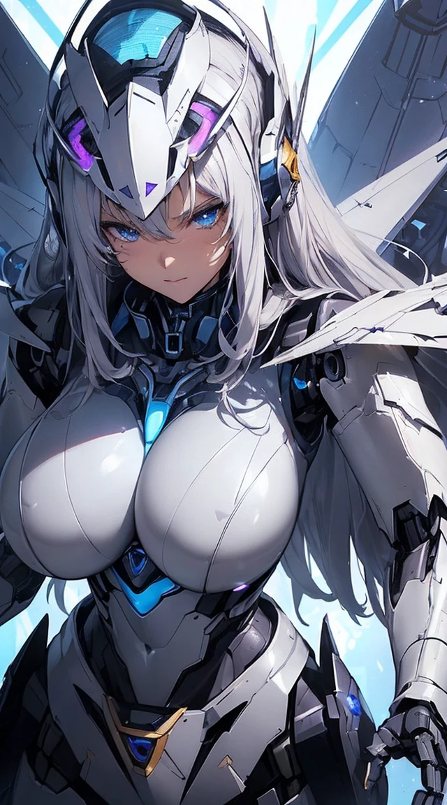 ((Extreme close up:1.6))、(((Lenses shining on both breasts:1.3)))、((Blue pillars of light radiate from both of his chests..:1.3))、break、(((Dynamic pose:1.8)))、smile、((8K)), ((32k)), ((Highest quality)), ((masterpiece)), ((超A high resolution)), ((Tmasterpiece)), ((Halation:1.4))、((Mechaニカルheadgear:1.2))、((Cyber headphones:1.3))Fine skin, High quality fabric, High-quality metal texture、((Beautiful and dense face))、RAW Photos、Professional, Ultra-fine painting, ((alone)), Beautiful breasts、Highest quality, Very detailed, Very detailed詳細, Finer details, so beautiful, ((Princess Knight Robot:1.2)), (Joint of the machine, Mechanical Limbs:1.3), (The internal structure of the machine is exposed:1.3), (Long silver hair:1.1), (Beautiful and huge mechanical breasts)、White Veil, cowboy_shot, Side Focus, headgear, Shiny、(Five Fingers, Four fingers and thumb),Concept Art, Anime fantasy artwork, Detailed fantasy art, (with pale blue-violet hair and large white wings,,,,,,,,), (((Long silver hair))), (Mecha:1.6)、Sleek and intimidating design, ((Commander-in-Chief'arm)), (Perfect robot body)、純白と青紫のarmまたは, Symmetrical wings, 8K High Resolution, Detailed Art, 3D rendering of character art in 8K, neat legs, Defined, Defined fingers,((headshot:1.3))