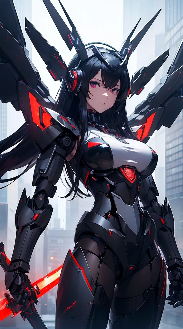 ((Shining lenses on both breasts:1.3))、((Pillars of red light radiate from both chests..:1.3))、((Attack pose:1.6))、((He has a red sword and a long rifle:1.6))、((Battle Scenes:1.8))、((8K)), ((32k)), ((Highest quality)), ((masterpiece)), ((超A high resolution)), ((Tmasterpiece)), ((Halation:1.4))、((Mechaニカルheadgear:1.2))、((Cyber headphones:1.3))Fine skin, High quality fabric, High-quality metal texture、((Beautiful and dense face))、RAW Photos、Professional, Ultra-fine painting, ((alone)), Beautiful breasts、Highest quality, Very detailed, Very detailed詳細, Finer details, so beautiful, ((Black Knight Robot:1.2)), (Joint of the machine, Mechanical Limbs:1.3), (The internal structure of the machine is exposed:1.3), (Long black hair:1.1), (Beautiful and huge mechanical breasts)、White Veil, cowboy_shot, Side Focus, headgear, Shiny、(Five Fingers, Four fingers and thumb),Concept Art, Anime fantasy artwork, Detailed fantasy art, (Has light blue-purple hair and black wings,,,,,,), (((Long black hair))), (Mecha:1.6)、Sleek and intimidating design, (Jet black perfect robot body)、Jet black and reddish purple arms, Symmetrical wings, 8K High Resolution, Detailed Art, 3D rendering of character art in 8K, neat legs, Defined, Defined fingers,((headshot:1.6))