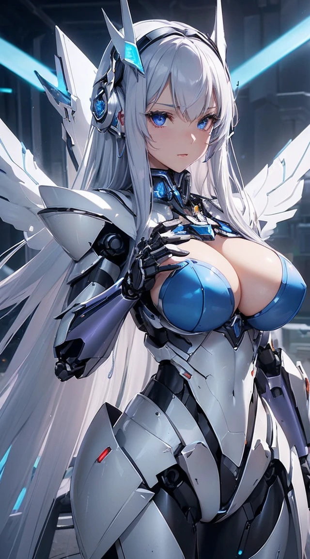 ((Intense action pose:1.6))、((Shining lenses on both breasts:1.3))、((Blue pillars of light are emanating from both chests.:1.3))、smile、((8K)), ((32k)), ((Highest quality)), ((masterpiece)), ((超A high resolution)), ((Tmasterpiece)), ((Halation:1.4))、((Mechaニカルheadgear:1.2))、((Cyber headphones:1.3))、Fine skin, High quality fabric, Fine metal texture、((Beautiful and dense face))、RAW Photos、Professional, Ultra-fine painting, ((alone)), Beautiful breasts、Highest quality, Very detailed, Very detailed詳細, Finer details, so beautiful, ((Princess Knight Robot:1.2)), (Joints of machines, Mechanical Limbs:1.3), (The internal structure of the machine is exposed:1.3), (Long silver hair:1.1), (Beautiful and huge mechanical breasts)、White Veil, cowboy_shot, Side Focus, headgear, Shiny、(Five Fingers, Four fingers and thumb),Concept Art, Anime fantasy artwork, Detailed fantasy art, (with pale blue-violet hair and large white wings,,,,,,,), (((Long silver hair))), (Mecha:1.6)、Sleek and intimidating design, ((Commander-in-Chief'arm)), (Perfect robot body)、純白と青紫armまたは, Symmetrical wings, 8K high quality, detailed art, 3D rendering of character art in 8K, neat legs, Defined, Defined fingers,