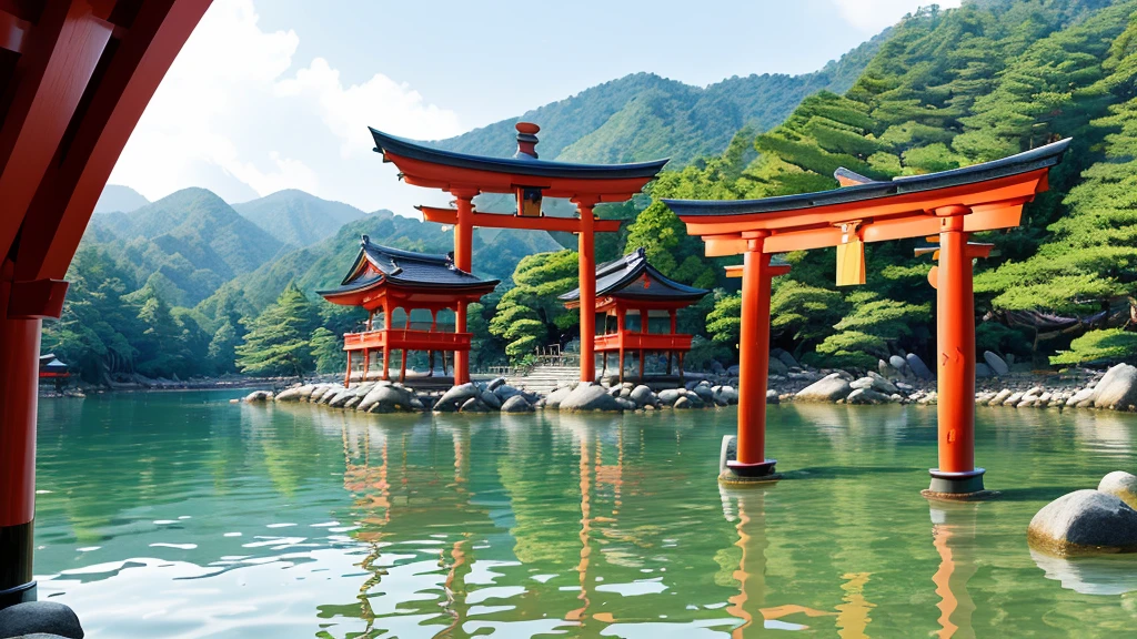 (Breathtaking scene), (Itsukushima Shrine), (Miyajima Island), (Hiroshima, Japan), (floating torii gate), (red pillars), (blue waters), (traditional Japanese architecture), (curved roofs), (intricate woodwork), (tranquil waters), (reflections), (lush green mountains), (serene), (harmonious), (UNESCO World Heritage Site)