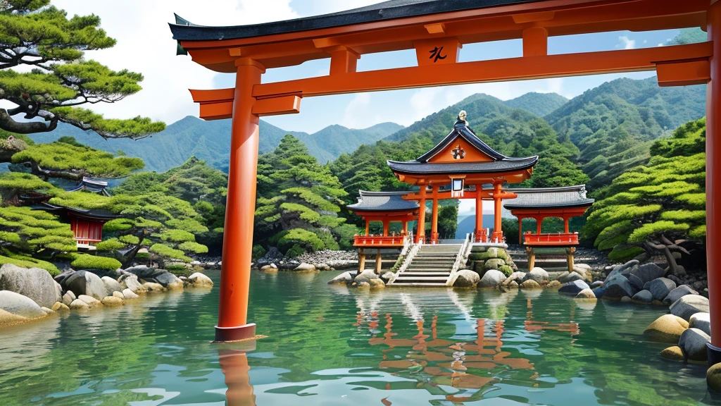 (Breathtaking scene), (Itsukushima Shrine), (Miyajima Island), (Hiroshima, Japan), (floating torii gate), (red pillars), (blue waters), (traditional Japanese architecture), (curved roofs), (intricate woodwork), (tranquil waters), (reflections), (lush green mountains), (serene), (harmonious), (UNESCO World Heritage Site)