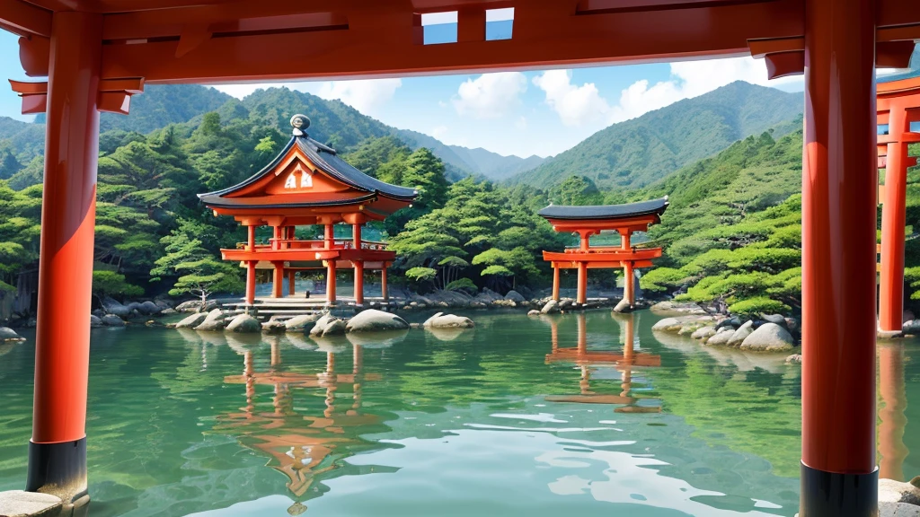 (Breathtaking scene), (Itsukushima Shrine), (Miyajima Island), (Hiroshima, Japan), (floating torii gate), (red pillars), (blue waters), (traditional Japanese architecture), (curved roofs), (intricate woodwork), (tranquil waters), (reflections), (lush green mountains), (serene), (harmonious), (UNESCO World Heritage Site)