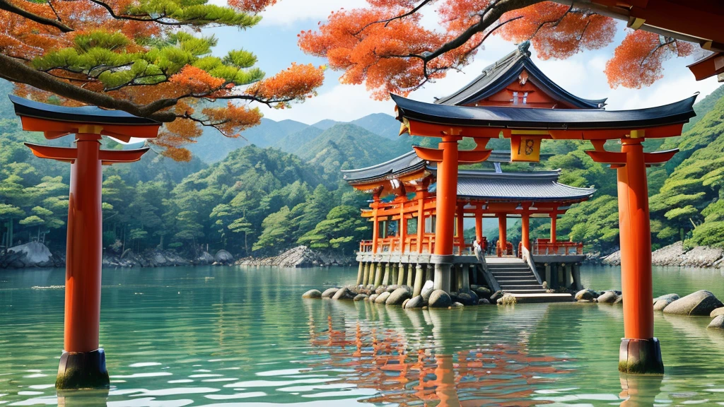 (Breathtaking scene), (Itsukushima Shrine), (Miyajima Island), (Hiroshima, Japan), (floating torii gate), (red pillars), (blue waters), (traditional Japanese architecture), (curved roofs), (intricate woodwork), (tranquil waters), (reflections), (lush green mountains), (serene), (harmonious), (UNESCO World Heritage Site)