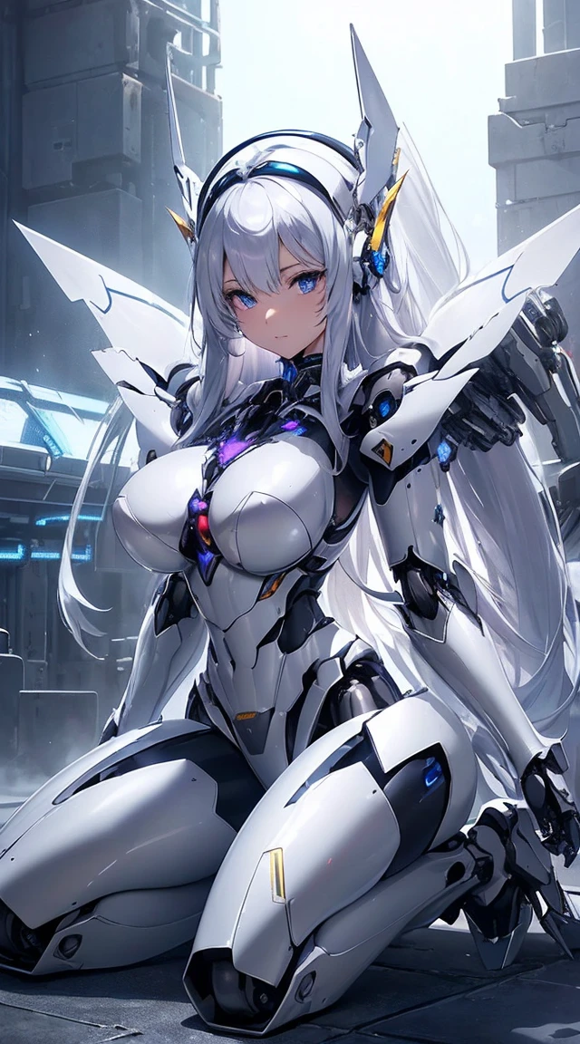 (Sit with one knee on the machine:1.6)、(Full body description:1.3)、((Shining lenses on both breasts:1.3))、((Blue pillars of light are emanating from both chests.:1.3))、smile、((8K)), ((32k)), ((Highest quality)), ((masterpiece)), ((超A high resolution)), ((Tmasterpiece)), ((Halation:1.4))、((Mechaニカルheadgear:1.2))、((Cyber headphones:1.3))、Fine skin, High quality fabric, Fine metal texture、((Beautiful and dense face))、RAW Photos、Professional, Ultra-fine painting, ((alone)), Beautiful breasts、Highest quality, Very detailed, Very detailed詳細, Finer details, so beautiful, ((Princess Knight Robot:1.2)), (Joints of machines, Mechanical Limbs:1.3), (The internal structure of the machine is exposed:1.3), (Long silver hair:1.1), (Beautiful and huge mechanical breasts)、White Veil, cowboy_shot, Side Focus, headgear, Shiny、(Five Fingers, Four fingers and thumb),Concept Art, Anime fantasy artwork, Detailed fantasy art, (with pale blue-violet hair and large white wings,,,,,,,), (((Long silver hair))), (Mecha:1.6)、Sleek and intimidating design, ((Commander-in-Chief'arm)), (Perfect robot body)、純白と青紫armまたは, Symmetrical wings, 8K high quality, detailed art, 3D rendering of character art in 8K, neat legs, Defined, Defined fingers,