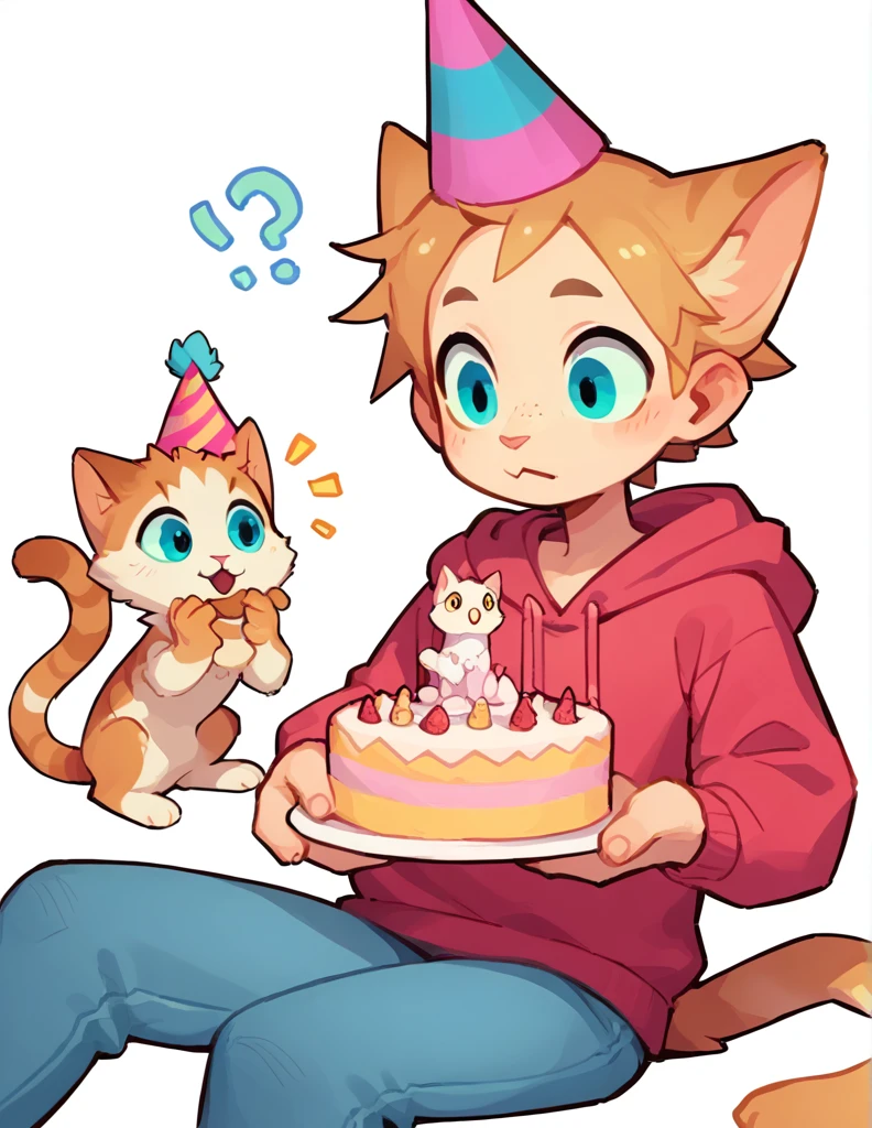 The Q version of the cute furry cat, holding a birthday cake, sitting, surprise expression, happy, ?, cute, pointy hair, male cat, party hat, beautiful hands, hoodie, jeans, beans, white background