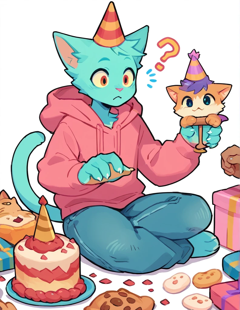 The Q version of the cute furry cat, holding a birthday cake, sitting, surprise expression, happy, ?, cute, pointy hair, male cat, party hat, beautiful hands, hoodie, jeans, beans, white background