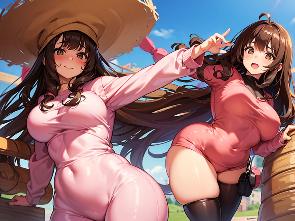 1 girl, thick and curvy, brown skin, long curly brown hair with bangs, brown eyes, cute pink outfits
