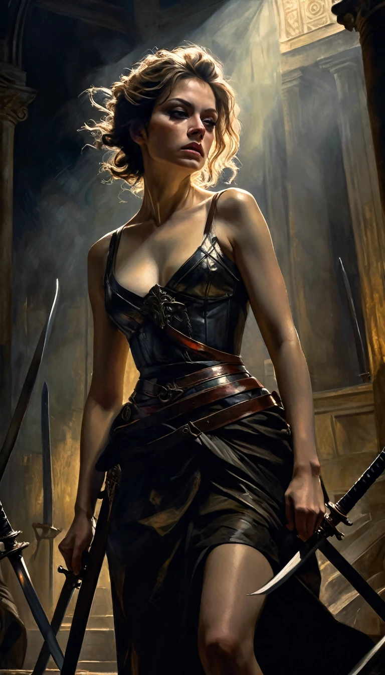 a woman pierced by ten swords, dramatic lighting, dark shadows, intense contrast, oil painting, chiaroscuro, muted colors, cinematic angle, detailed anatomy, dramatic pose, visceral realism, classical painting style, (best quality,4k,8k,highres,masterpiece:1.2),ultra-detailed,(realistic,photorealistic,photo-realistic:1.37),hyper detailed, intricate details, dramatic lighting, moody atmosphere, dark and gritty, cinematic composition, classical oil painting, dramatic lighting, chiaroscuro, muted color palette, visceral and intense