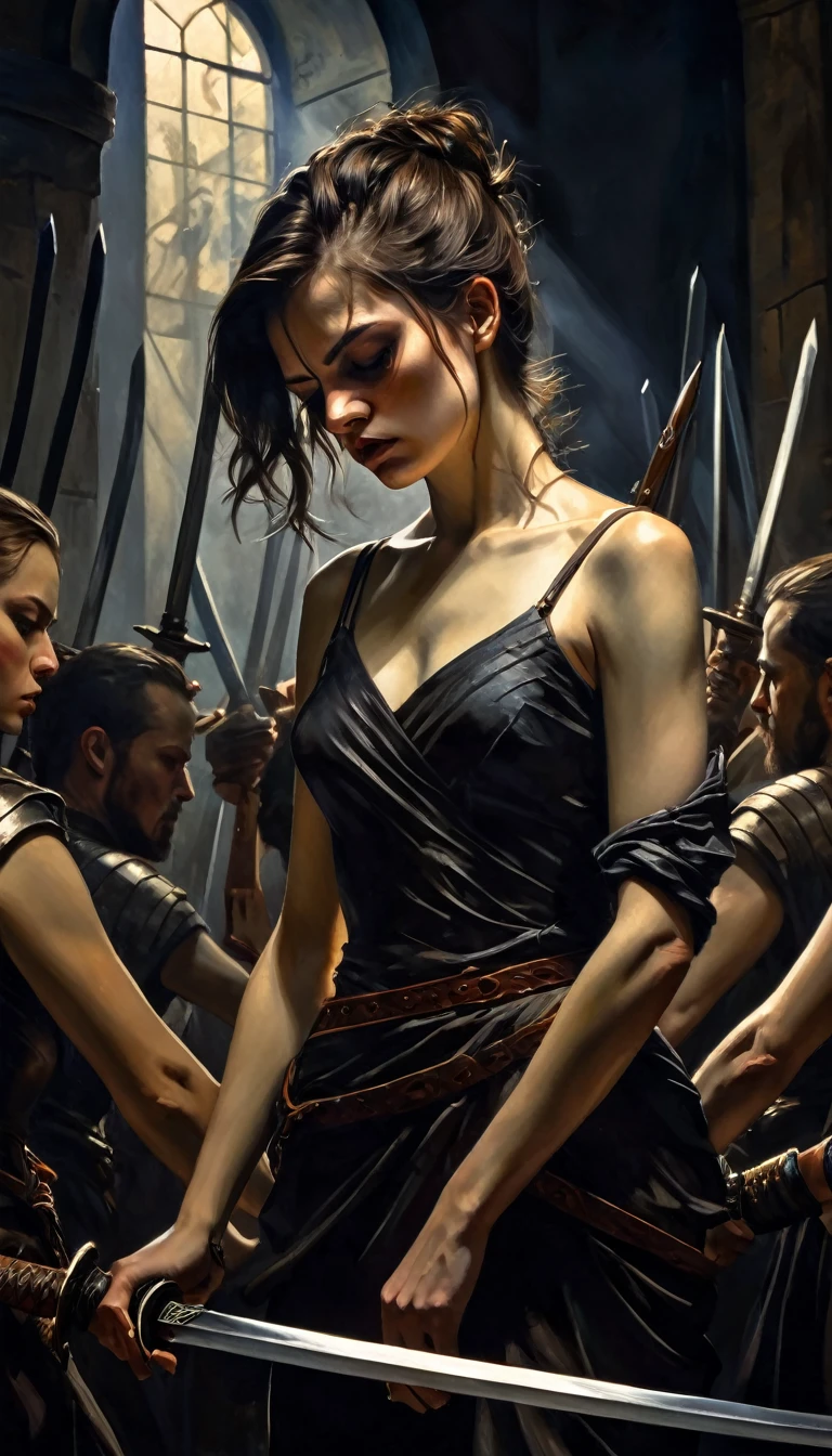 a woman pierced by ten swords, dramatic lighting, dark shadows, intense contrast, oil painting, chiaroscuro, muted colors, cinematic angle, detailed anatomy, dramatic pose, visceral realism, classical painting style, (best quality,4k,8k,highres,masterpiece:1.2),ultra-detailed,(realistic,photorealistic,photo-realistic:1.37),hyper detailed, intricate details, dramatic lighting, moody atmosphere, dark and gritty, cinematic composition, classical oil painting, dramatic lighting, chiaroscuro, muted color palette, visceral and intense