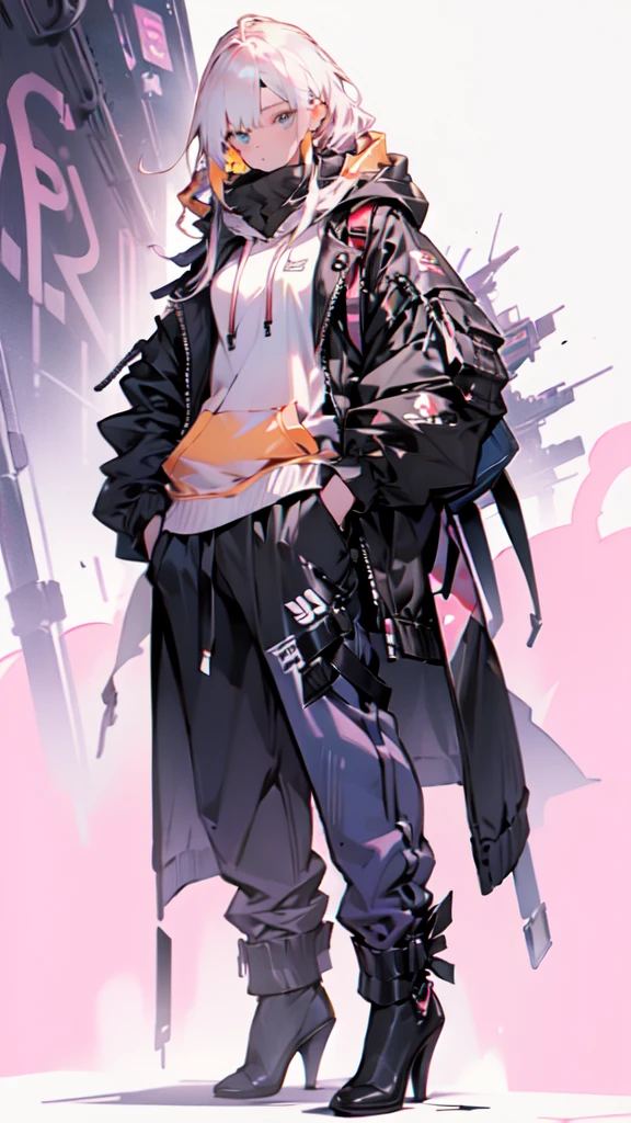 a girl with long yellow hair, blue eyes, wearing an orange hoodie and black heels, in a cyberpunk setting with her hand in her pocket, pink background