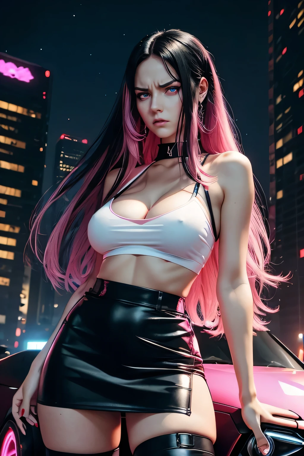 Woman, Tall Woman, Long Hair, Black Hair, Pink Hair, (Black and Pink Hair),Bright Blue Eyes, glowing eyes, large Breasts, Red Mini Skirt, White Tube Top, night sky, disgusted expression, ((annoyed expression)), Cyberpunk Background