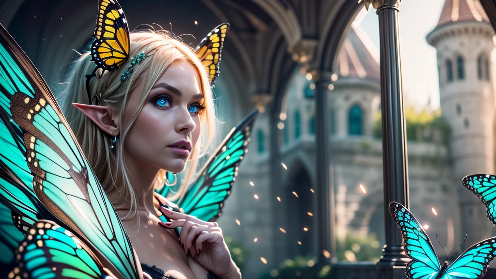Beautiful, Amazing face and eyes, makeup, (extremely detailed beautiful face), Blonde, (sexiest look), (Beautiful breasts:1.3), (Best Quality:1.4), (Ultra-detailed), (extremely detailed CG unified 8k wallpaper), Highly detailed, RAW Photos, Professional Photography, (silk see through lace:1.3), full body, sitting, (Spread your legs), (:1.4), plein air, Illumination, (Super fancy photos:1.4), (Dazzling light), Radiant Photography, depth of fields, (Glowing blue eyes), (realistic elf ear), (castle, fantasy setting), ((orbs)), massive butterfly wings, flowing butterfly wings,