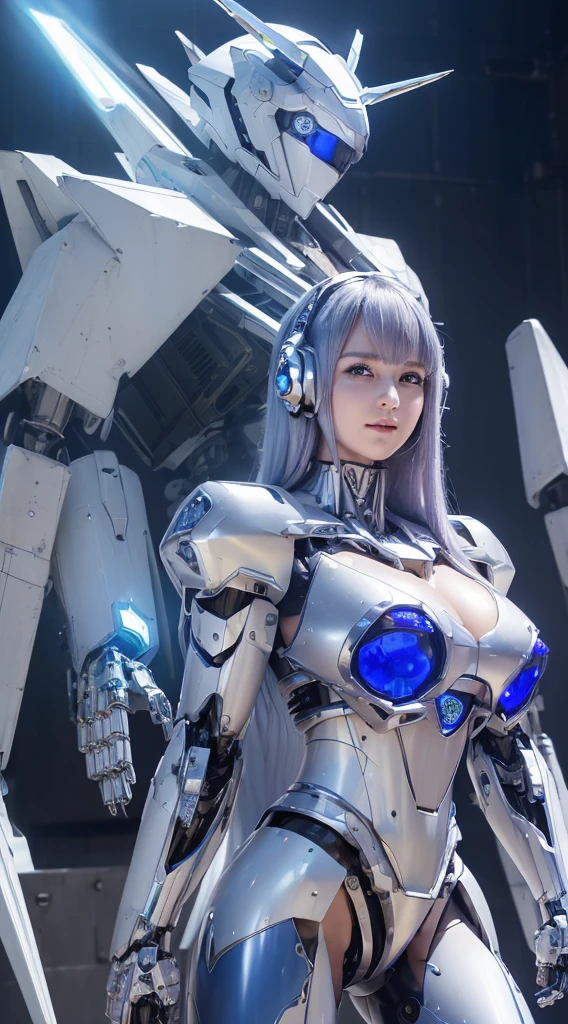 ((Intense action pose:1.6))、((Shining lenses on both breasts:1.3))、((Blue pillars of light are emanating from both chests.:1.3))、smile、((8K)), ((32k)), ((Highest quality)), ((masterpiece)), ((超A high resolution)), ((Tmasterpiece)), ((Halation:1.4))、((Mechaニカルheadgear:1.2))、((Cyber headphones:1.3))、Fine skin, High quality fabric, Fine metal texture、((Beautiful and dense face))、RAW Photos、Professional, Ultra-fine painting, ((alone)), Beautiful breasts、Highest quality, Very detailed, Very detailed詳細, Finer details, so beautiful, ((Princess Knight Robot:1.2)),  (Joints of machines, Mechanical Limbs:1.3), (The internal structure of the machine is exposed:1.3), (Long silver hair:1.1), (Beautiful and huge mechanical breasts)、White Veil, cowboy_shot, Side Focus, headgear, Shiny、(Five Fingers, Four fingers and thumb),Concept Art, Anime fantasy artwork, Detailed fantasy art, (with pale blue-violet hair and large white wings,,,,,,,), (((Long silver hair))), (Mecha:1.6)、Sleek and intimidating design, ((Commander-in-Chief&#39;arm)), (Perfect robot body)、純白と青紫armまたは, Symmetrical wings, 8K high quality, detailed art, 3D rendering of character art in 8K, neat legs, Defined, Defined fingers,