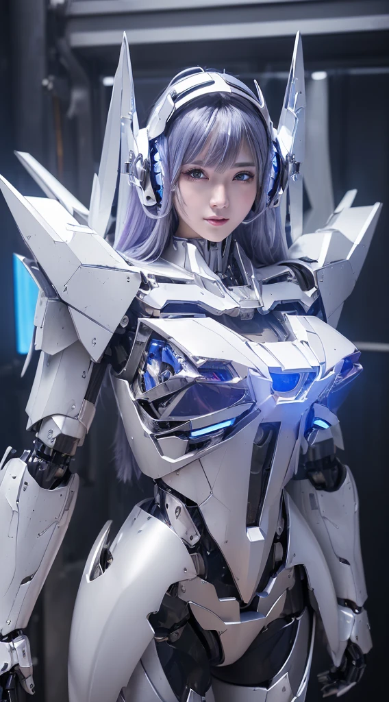 ((Intense action pose:1.6))、((Shining lenses on both breasts:1.3))、((Blue pillars of light are emanating from both chests.:1.3))、smile、((8K)), ((32k)), ((Highest quality)), ((masterpiece)), ((超A high resolution)), ((Tmasterpiece)), ((Halation:1.4))、((Mechaニカルheadgear:1.2))、((Cyber headphones:1.3))、Fine skin, High quality fabric, Fine metal texture、((Beautiful and dense face))、RAW Photos、Professional, Ultra-fine painting, ((alone)), Beautiful breasts、Highest quality, Very detailed, Very detailed詳細, Finer details, so beautiful, ((Princess Knight Robot:1.2)),  (Joints of machines, Mechanical Limbs:1.3), (The internal structure of the machine is exposed:1.3), (Long silver hair:1.1), (Beautiful and huge mechanical breasts)、White Veil, cowboy_shot, Side Focus, headgear, Shiny、(Five Fingers, Four fingers and thumb),Concept Art, Anime fantasy artwork, Detailed fantasy art, (with pale blue-violet hair and large white wings,,,,,,,), (((Long silver hair))), (Mecha:1.6)、Sleek and intimidating design, ((Commander-in-Chief&#39;arm)), (Perfect robot body)、純白と青紫armまたは, Symmetrical wings, 8K high quality, detailed art, 3D rendering of character art in 8K, neat legs, Defined, Defined fingers,