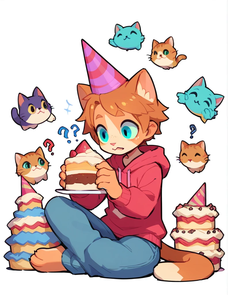 The Q version of the cute furry cat, holding a birthday cake, sitting, surprise expression, happy, ?, cute, pointy hair, male cat, party hat, beautiful hands, hoodie, jeans, beans, white background