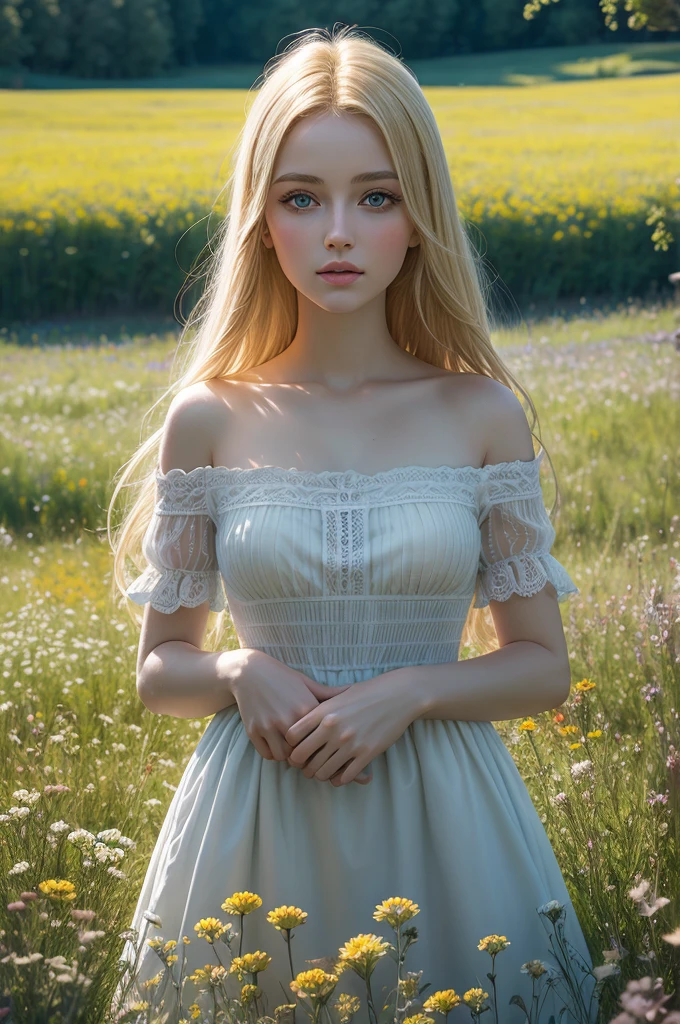 high quality шедевр, photo, detailing, blonde, big eyes, meadow with flowers flooded with light, hyperrealism, detailing, high quality, A glade of flowers,