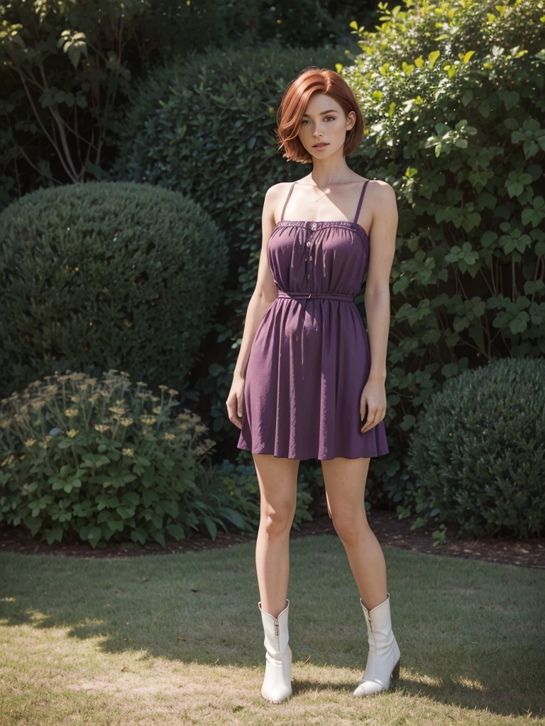 slim feminine figure, redhead, freckles, best quality, realistic skin texture, photography, detailed facial features, film grain texture and high contrast, extremely high-resolution details, photographic, photorealistic, hyper-realistic, HDR, masterpiece, ((short hair)), thin waist, thin hips, standing in front of a hedge, wearing a small dark purple summer dress with blondes, white cowboy boots, standing on one leg, the other leg lifted behind her
