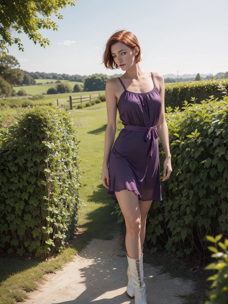 slim feminine figure, redhead, freckles, best quality, realistic skin texture, photography, detailed facial features, film grain texture and high contrast, extremely high-resolution details, photographic, photorealistic, hyper-realistic, HDR, masterpiece, ((short hair)), thin waist, thin hips, standing in front of a hedge, wearing a small dark purple summer dress with blondes, white cowboy boots, standing on one leg, the other leg lifted behind her