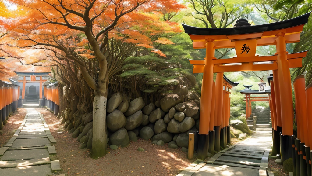(Mesmerizing scene), (Fushimi Inari Taisha), (Kyoto, Japan), (Senbon Torii), (pathway), (thousands of red torii gates), (tunnel effect), (black kanji characters), (Mount Inari), (sunlight filtering), (dynamic shadows), (traditional stone lanterns), (fox statues), (kitsune), (spiritual), (mystical atmosphere), (dense forest), (tranquility), (sacredness), (iconic Shinto shrine)