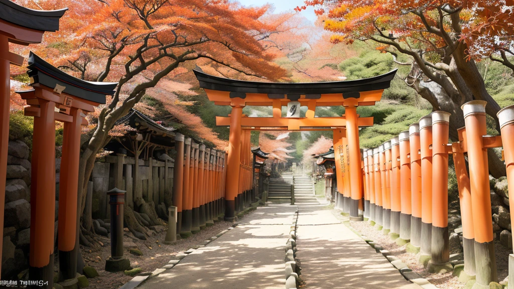 (Mesmerizing scene), (Fushimi Inari Taisha), (Kyoto, Japan), (Senbon Torii), (pathway), (thousands of red torii gates), (tunnel effect), (black kanji characters), (Mount Inari), (sunlight filtering), (dynamic shadows), (traditional stone lanterns), (fox statues), (kitsune), (spiritual), (mystical atmosphere), (dense forest), (tranquility), (sacredness), (iconic Shinto shrine)