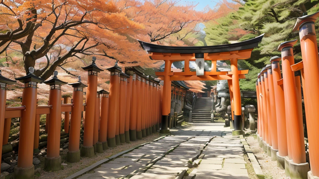 (Mesmerizing scene), (Fushimi Inari Taisha), (Kyoto, Japan), (Senbon Torii), (pathway), (thousands of red torii gates), (tunnel effect), (black kanji characters), (Mount Inari), (sunlight filtering), (dynamic shadows), (traditional stone lanterns), (fox statues), (kitsune), (spiritual), (mystical atmosphere), (dense forest), (tranquility), (sacredness), (iconic Shinto shrine)