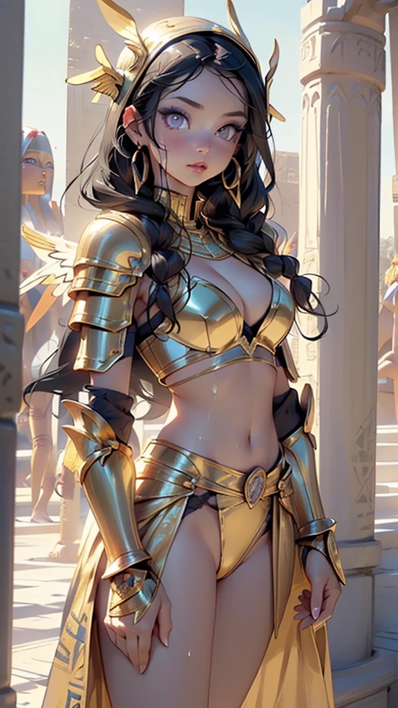 girl from ancient Egypt,1girl,
(large breasts:1.4),((((long twin braids,tight braids,long braid,braided hair,long hime cut,dark hair,black hair,colored inner hair)))),(((purple_eyes:1.3))),intricate eyes,beautiful detailed eyes,symmetrical eyes,((((lustrous skin:1.5,tanned skin,bright skin: 1.5,skin tanned,shiny skin,very shiny skin,shiny body,Reflective skin)))),(spider lower abdomen,narrow waist,wide hip,athletic body,inflated legs,thick thighs,delicate detailed fingers,(detailed face)),beautiful detailed lips,
cute,slutty,sensual,seductive look,seductive,((erotic)),opulent,((nsfw)),
(((Egyptian armor jewelry,golden,(Egyptian armor bra:1.2),Warrior Egyptian Princess)))(((very tiny armor:1.3))),((Anubis Helmet)),zettai ryouiki,revealing clothing,show skin,cleavage,(((barefoot))),((intricate warrior egyptian outfit)),egyptian accessories,(egyptian jewelry in her arms),usekh collar,earrings,(((hair tubes))),(((eyeshadow,egyptian makeup,eyelid makeup))),(((pelvis curtain))),(loincloth),heavy gold armor,navel,wear long gloves,detailed intricate armor bra,ornate detailed armor panties,gold leg armor,(golden angel wings:1.5),(((golden clothes,wet clothes,intricate outfit,ornate outfit,intricate cloth,ornate cloth,intricate armor))),
(flirtatious pose:1.3), looking at viewer,heroic attitude,centered,scale to fit dimensions,Rule of thirds,
outdoors,(egyptian desert,egyptian desert background,pyramids in the background),scenery,extremely scenery,clouds,Egypt style,palms,(sunset, golden hour),
(Glossy Egyptian ornaments),highres,sharp focus,(ultra detailed,extremely detailed),(photorealistic artwork:1.37),(extremely detailed CG unity 8k wallpaper),(((vibrant colors,vibrant theme))),(intricate),(masterpiece),(best quality),artistic photography,(photography taken by sldr),(intricate background),perfect rendered face,perfect face details,realistic face,photo realistic,((intricate detail)),(((realism))),