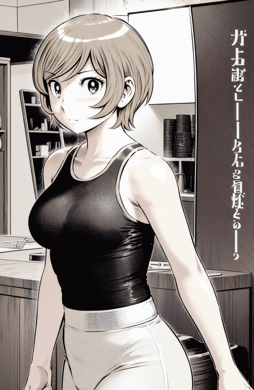 Sports Bra、spats、(masterpiece、Highest quality)、Highest quality, Ultra-high resolution, (((masterpiece))), alone, Sweat、Big eyes, Composition from the front、(Short back hair、short hair、blonde、woman)、Shortcuts、Embarrassed face、Cut your hair short、可愛いwomanの子、Big Breasts、Inside the room、