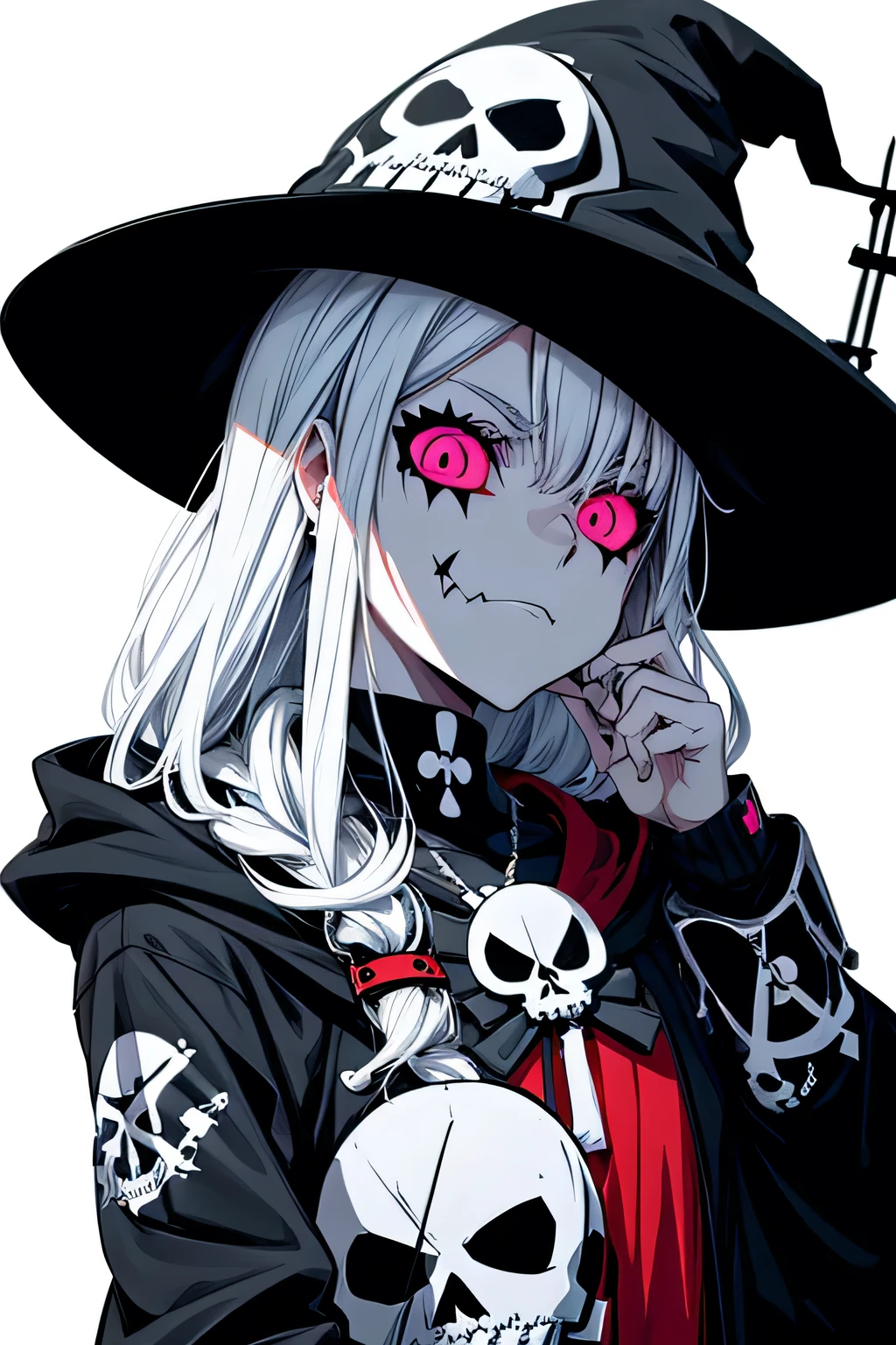 Anime Witch Design, Crossbones, skull, Streetwear-Design, Pro-Vector, Horror-Stil, Complete design, Only 6 colors, solid colors, no shadows, Complete design, sticker, bright colors, White background.
