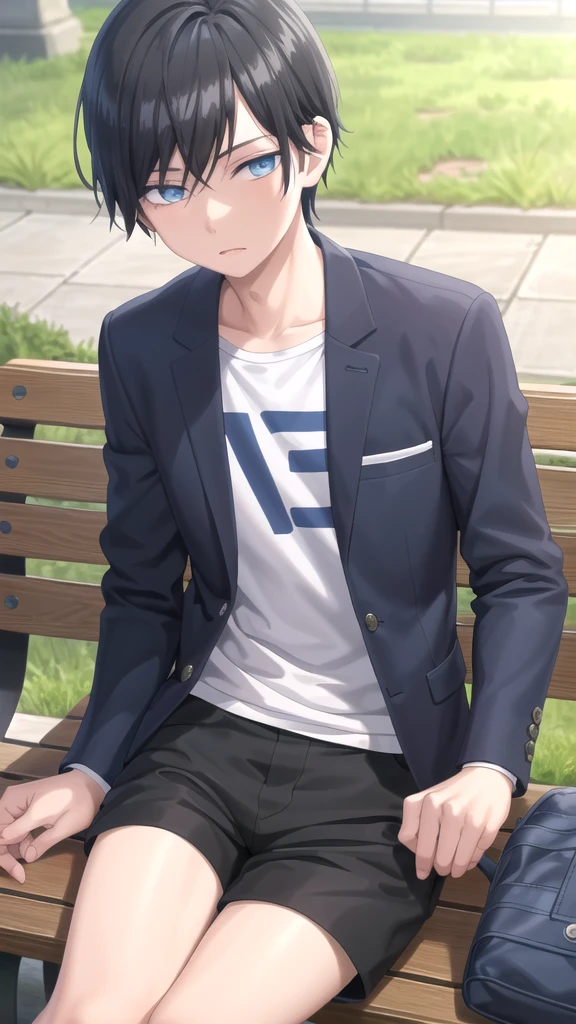 masterpiece, best quality, high quality, 1boy, solo, -yeld bovil boy,male focus, looking at viewer , black hair, old-school swoop haircut,blue jacket ,black shorts,blue eyes, sitting on a bench 