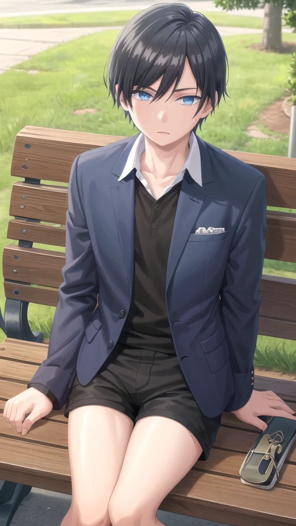 masterpiece, best quality, high quality, 1boy, solo, 14-year-old boy,evil boy,male focus, looking at viewer , black hair, old-school swoop haircut,blue jacket ,black shorts,blue eyes, sitting on a bench 