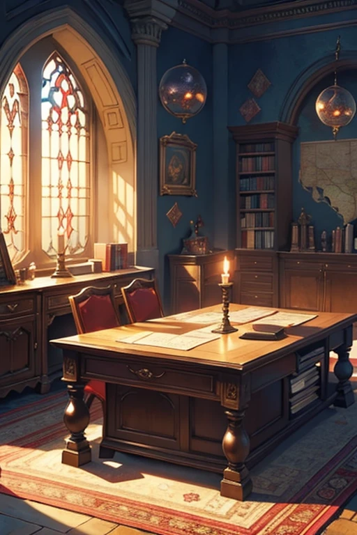 anime highest quality, wizards tower, magic orbs, books, scrolls neatly tied, map on the wall, a full desk edge to edge red woven carpet on the ground beneath the desk, short very used candles lighting the room wax dripping