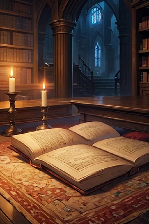 anime highest quality, wizards tower, magic orbs, books, scrolls neatly tied, map on the wall, a full desk edge to edge red woven carpet on the ground beneath the desk, short very used candles lighting the room wax dripping