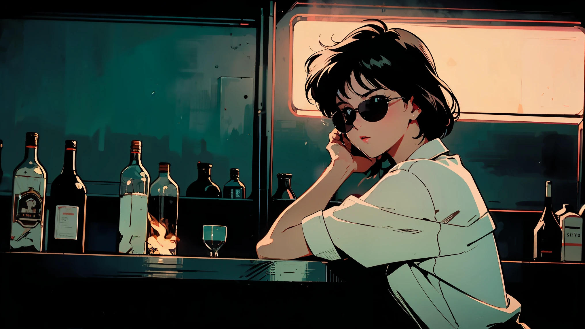Black hair with green inner color、Bob、Tank top cardigan、whisky、Dark room at night、Back view、anime、An illustration