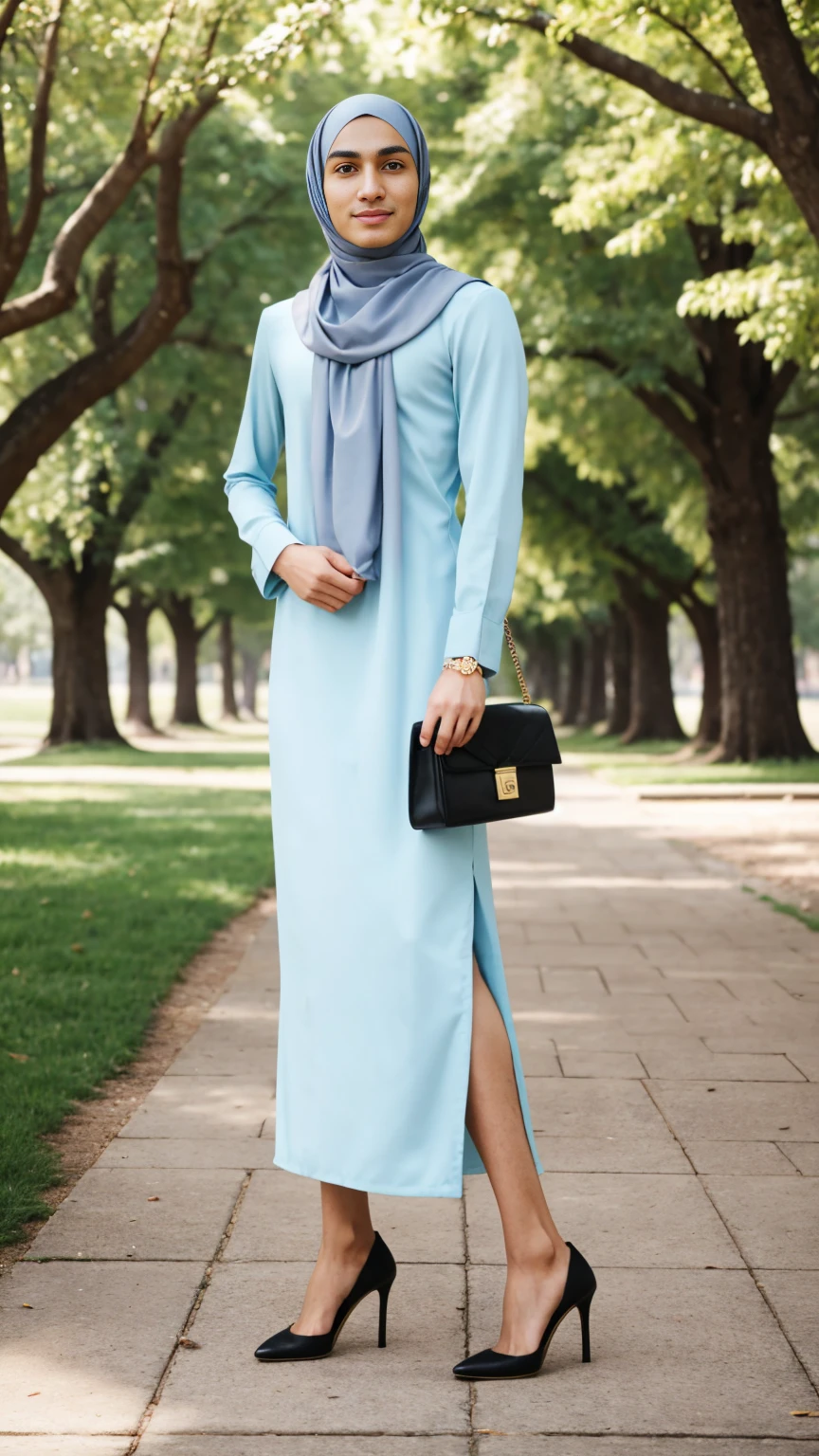 A thin and delicate man with detailed masculine face features and cute face wearing a perfect hijab, no hair seen, Muslim women dress, heels, and holding a hand bag. He is standing in the park with cute expression and pose.