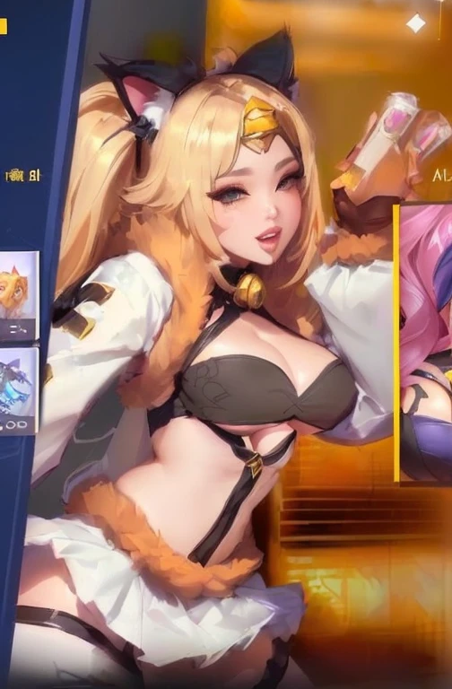 Close up of woman wearing cat ears costume, seraphine Ali kda, Atjem style, Female furry mini cute style, style Atjem, extremely detailed Atjem, Onmyoji, Atjem detailed, Atjem comic, mobile legends, IG model | Atjem, Ali,((Full and soft breasts,)))(((Large Breasts))) (((Cleavage)))