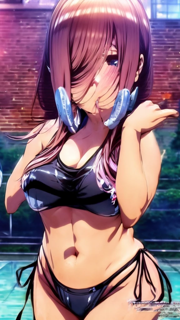Detailed and ultra HD girl in the pool wearing a black bikini
