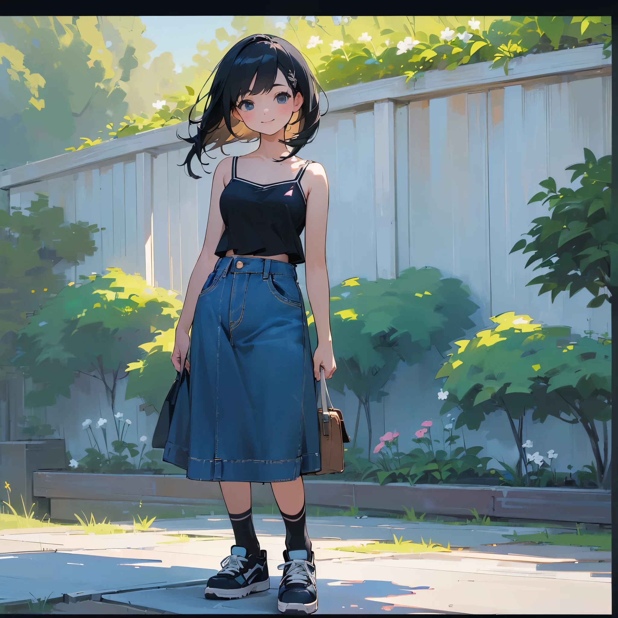 (high quality, High resolution, Very detailed, reality:1.37), Peaceful atmosphere, (Outdoor, garden), girl standing alone, (my breasts are big.), Beautiful details, Cute Smile, (Black bob hair), camisole, Denim skirt, Blue socks, sneakers.