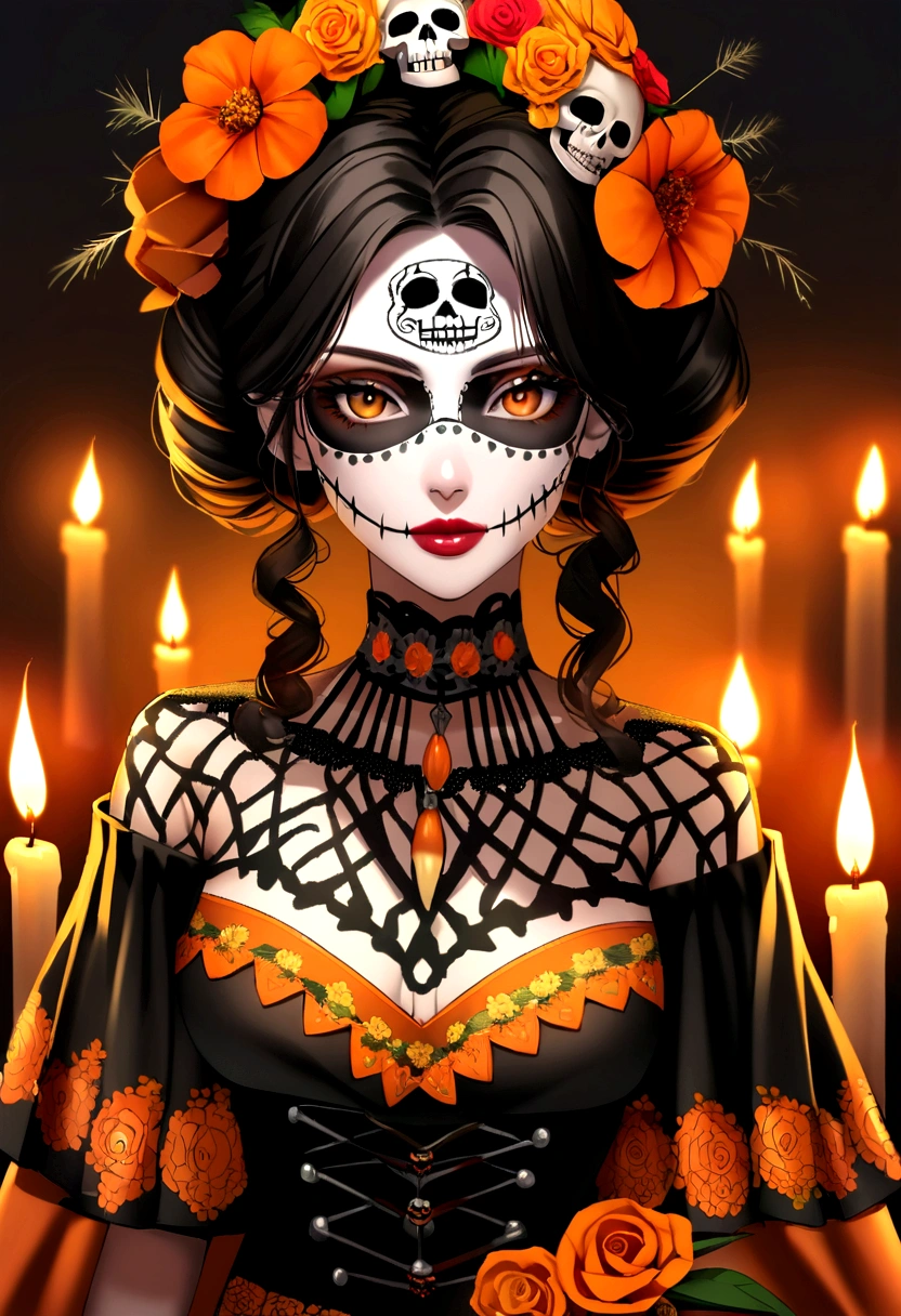 Artistic close-up photograph of a beautiful woman characterized as a catrina, skeleton makeup for a Day of the Dead parade, de road bike, incorporating elements of traditional Mexican art and modern design, elegant black catrina dress with orange floral elements, Ao fundo, you can see a night cemetery full of lit candles and orange flowers, Candlelight is reflected on the model, The photograph was taken with a Nikon D850 SLR camera