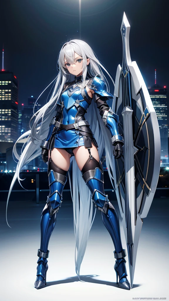 Silver long hair and flat chest,Dark blue armor,Blue jumpsuit,double square shield,mini skirt,Bare Legs,stockings,High heel,Big cities