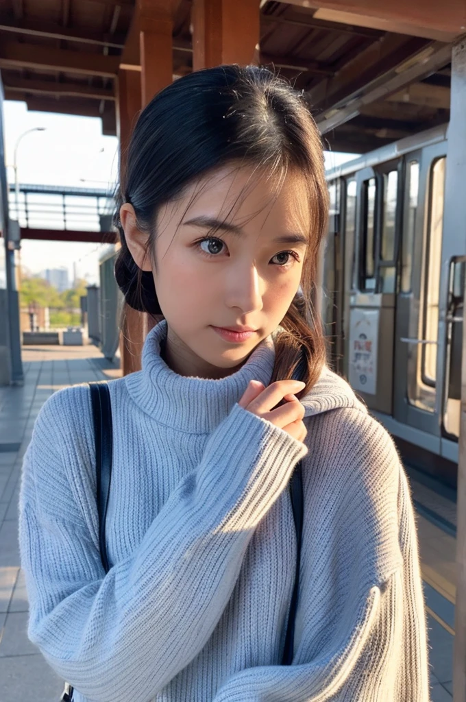 ((Highest quality)), ((masterpiece)), (detailed), Japanese,Beauty,station,sweater