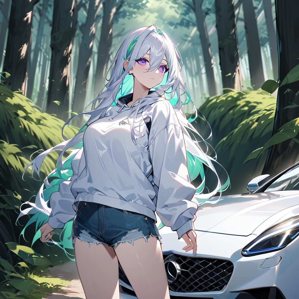 A woman wearing a white sweatshirt with blue details, denim shorts, white hair, long hair, blue tones in her hair, multicolored hair, purple eyes, large breasts, next to a white luxury car, standing on a track, large track , close view, of a forest, very detailed trees, very green leaves, green effects in the location,