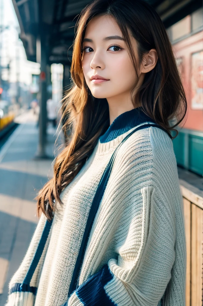 ((Highest quality)), ((masterpiece)), (detailed), Japanese,Beauty,station,sweater